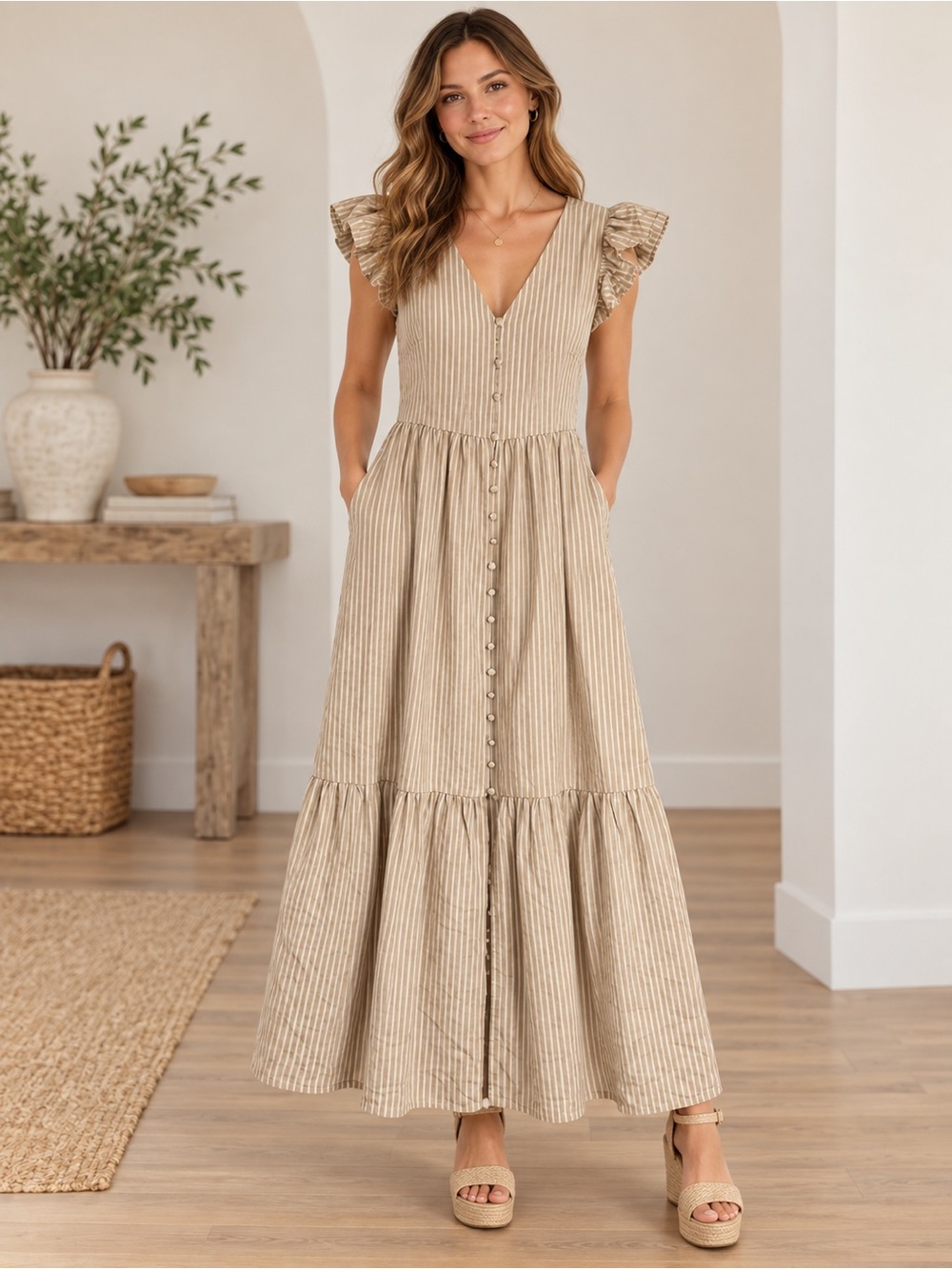 Sugarlips Beige White Striped Maxi Dress S Cottagecore Ruffle Sleeve Pockets
